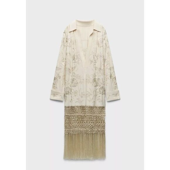 Zara Womens Macrame Shirt Dress M-L Ivory Fringe Embroidered Floral 521/272 NWT - Picture 1 of 15
